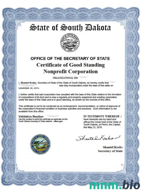 USA South Dakota vcertyfikat of good standing